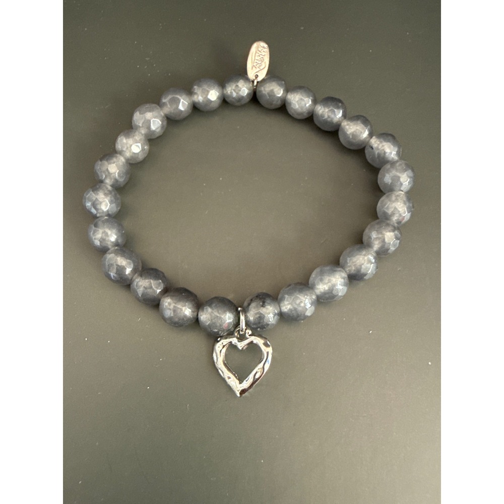 Alexas Angels Gray Faceted Bead Stretch Bracelet with Silver Heart Charm